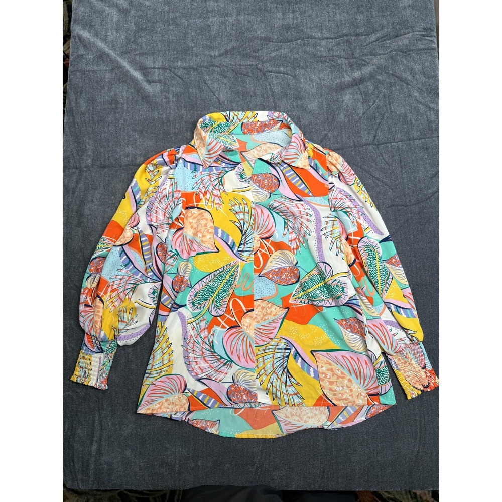 Womens Colorful Tropical Print Blouse Smocked Cuffs Oversized Button Front